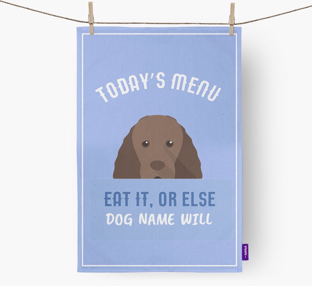 'Eat It, Or Else {dogsName} Will' - Personalised {breedFullName} Tea Towel