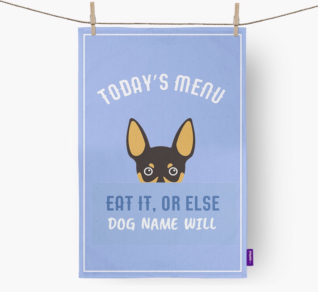'Eat It, Or Else {dogsName} Will' - Personalised {breedFullName} Tea Towel