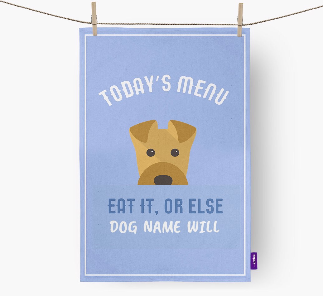 'Eat It, Or Else {dogsName} Will' - Personalised {breedFullName} Tea Towel