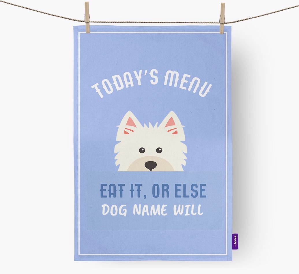 'Eat It, Or Else {dogsName} Will' - Personalised {breedFullName} Tea Towel