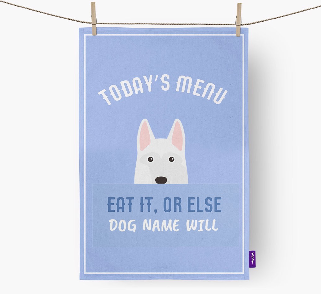 'Eat It, Or Else {dogsName} Will' - Personalised {breedFullName} Tea Towel