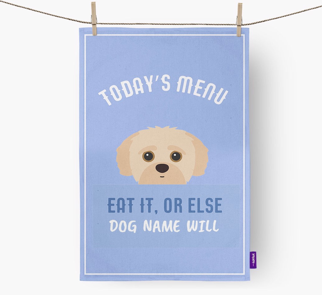 'Eat It, Or Else {dogsName} Will' - Personalised {breedFullName} Tea Towel