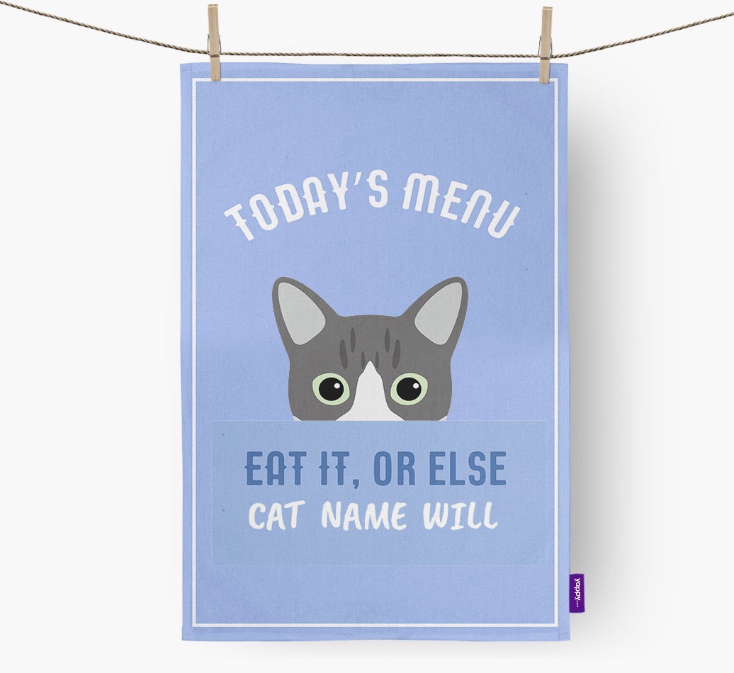 'Eat It, Or Else {dogsName} Will' - Personalised {breedFullName} Tea Towel