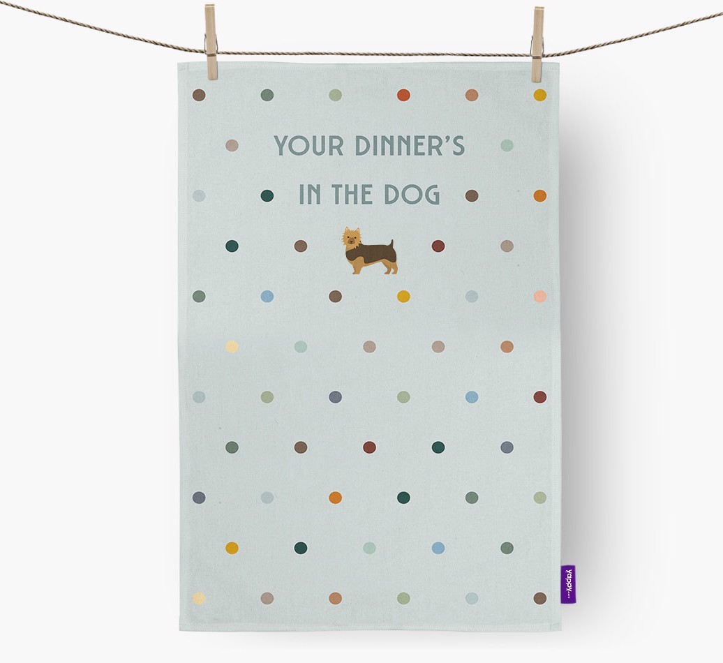 ‘Your Dinner's in The Dog’ - Tea towel with {breedFullName} Icon