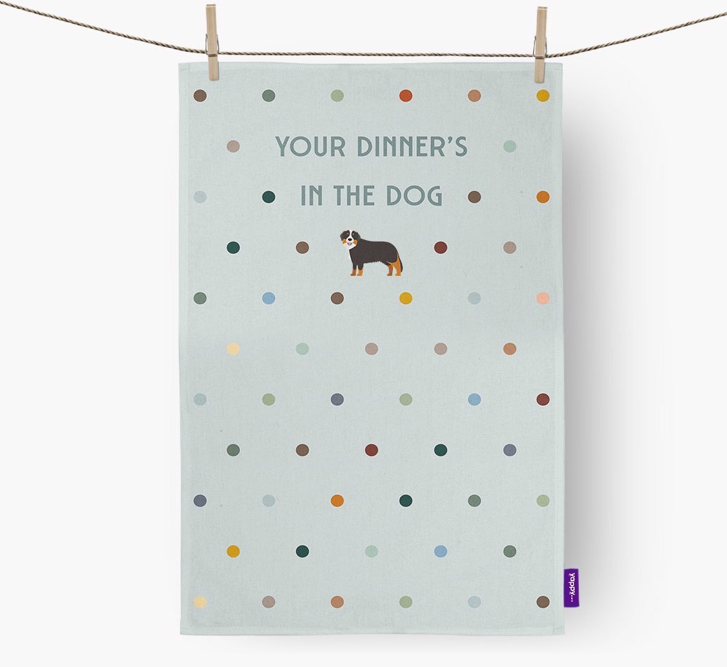 ‘Your Dinner's in The Dog’ - Tea towel with {breedFullName} Icon