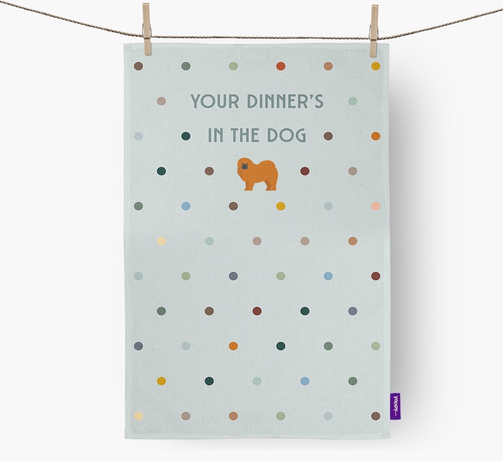 ‘Your Dinner's in The Dog’ - Tea towel with {breedFullName} Icon