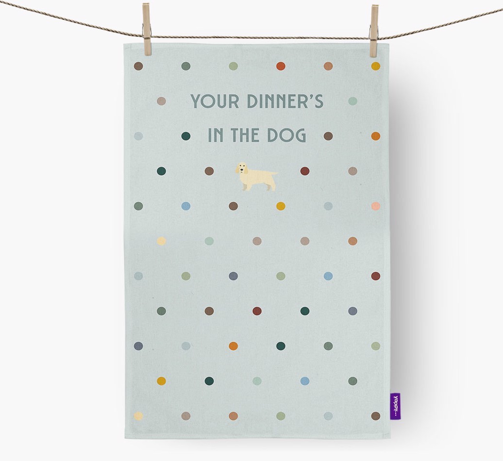 ‘Your Dinner's in The Dog’ - Tea towel with {breedFullName} Icon