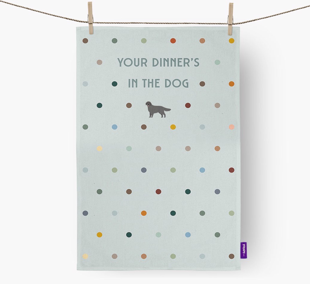 ‘Your Dinner's in The Dog’ - Tea towel with {breedFullName} Icon