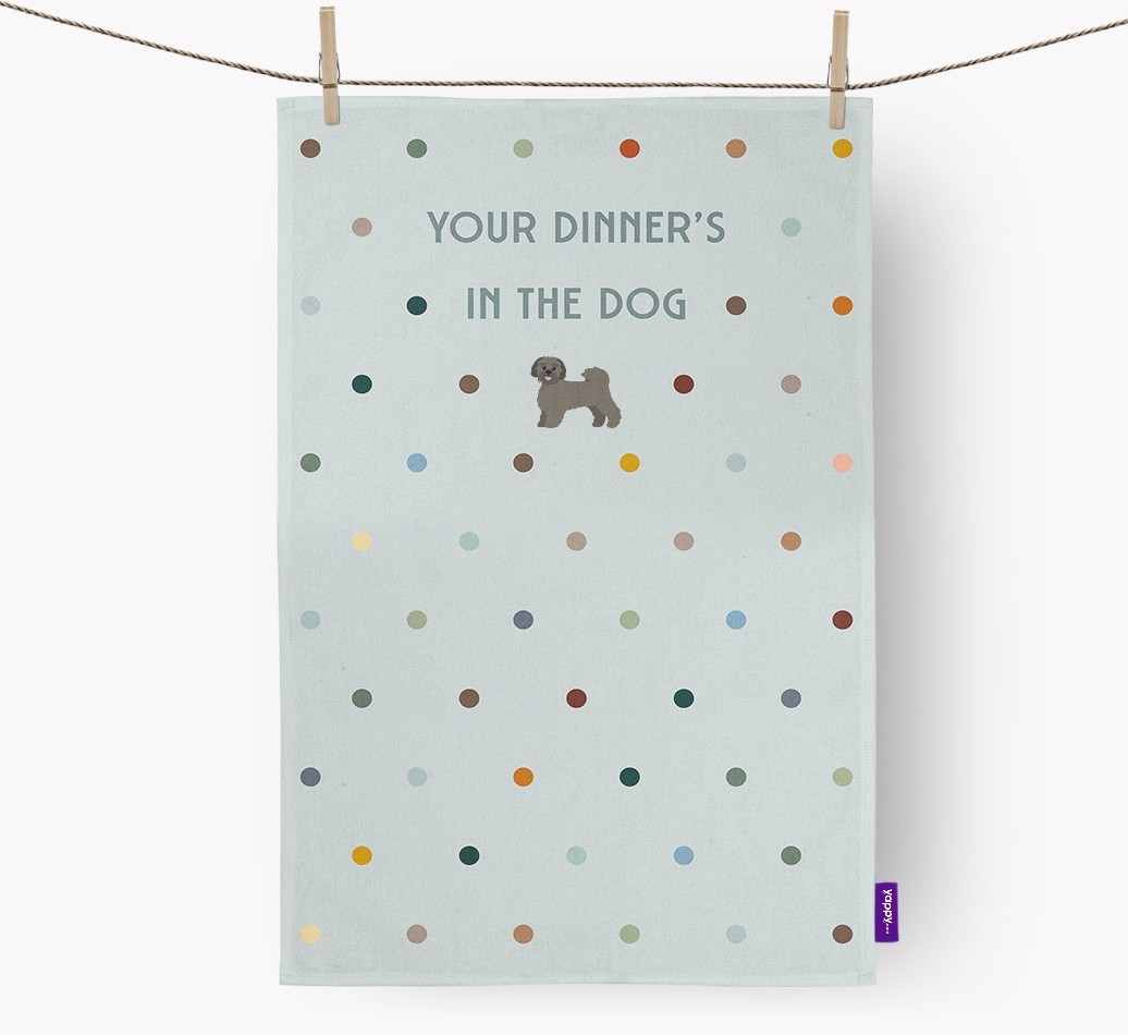 ‘Your Dinner's in The Dog’ - Tea towel with {breedFullName} Icon