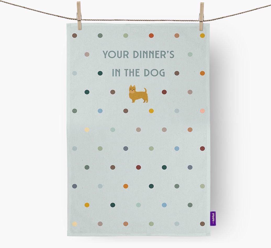 ‘Your Dinner's in The Dog’ - Tea towel with {breedFullName} Icon