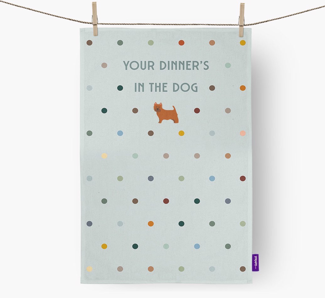 ‘Your Dinner's in The Dog’ - Tea towel with {breedFullName} Icon
