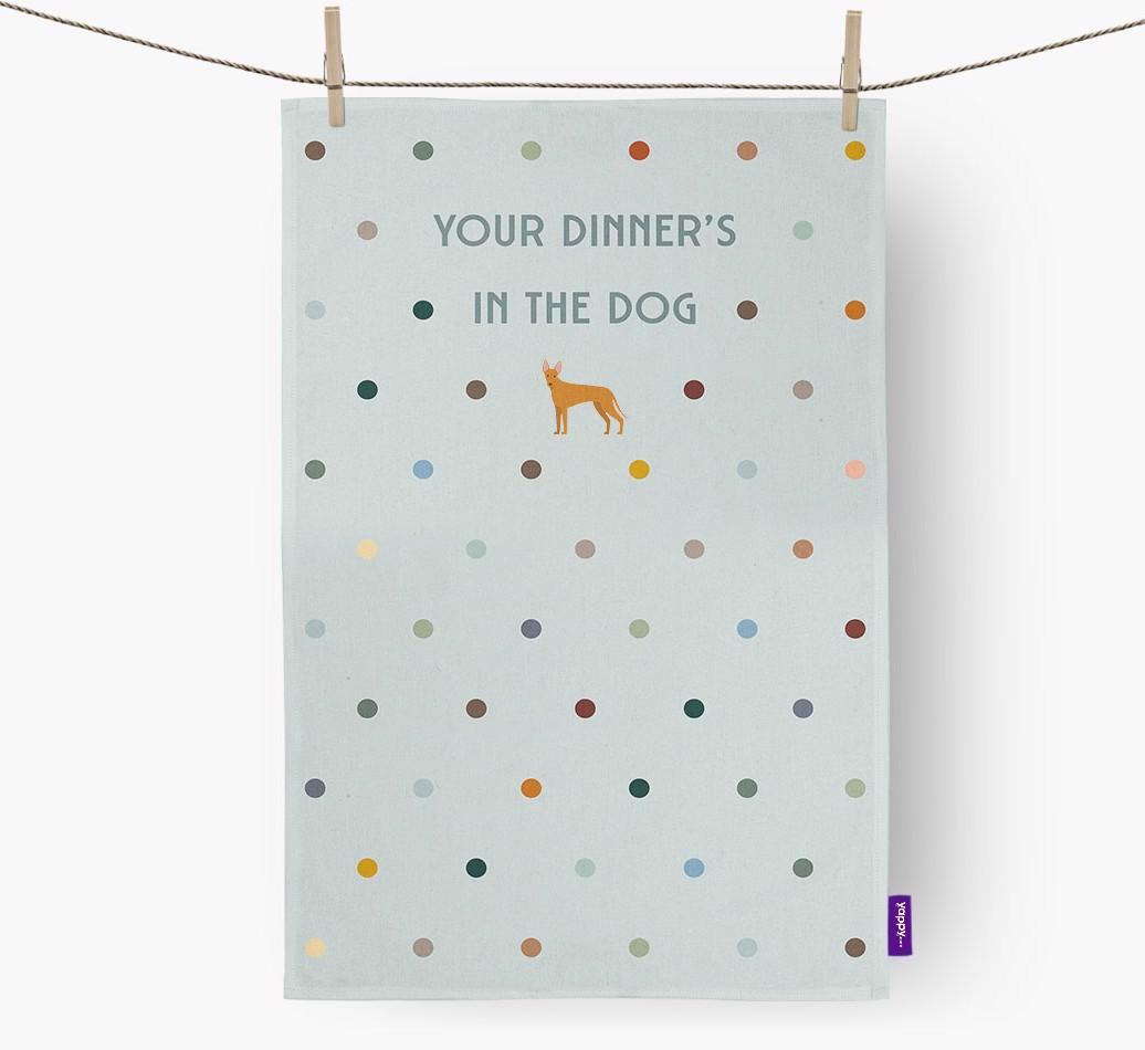 ‘Your Dinner's in The Dog’ - Tea towel with {breedFullName} Icon