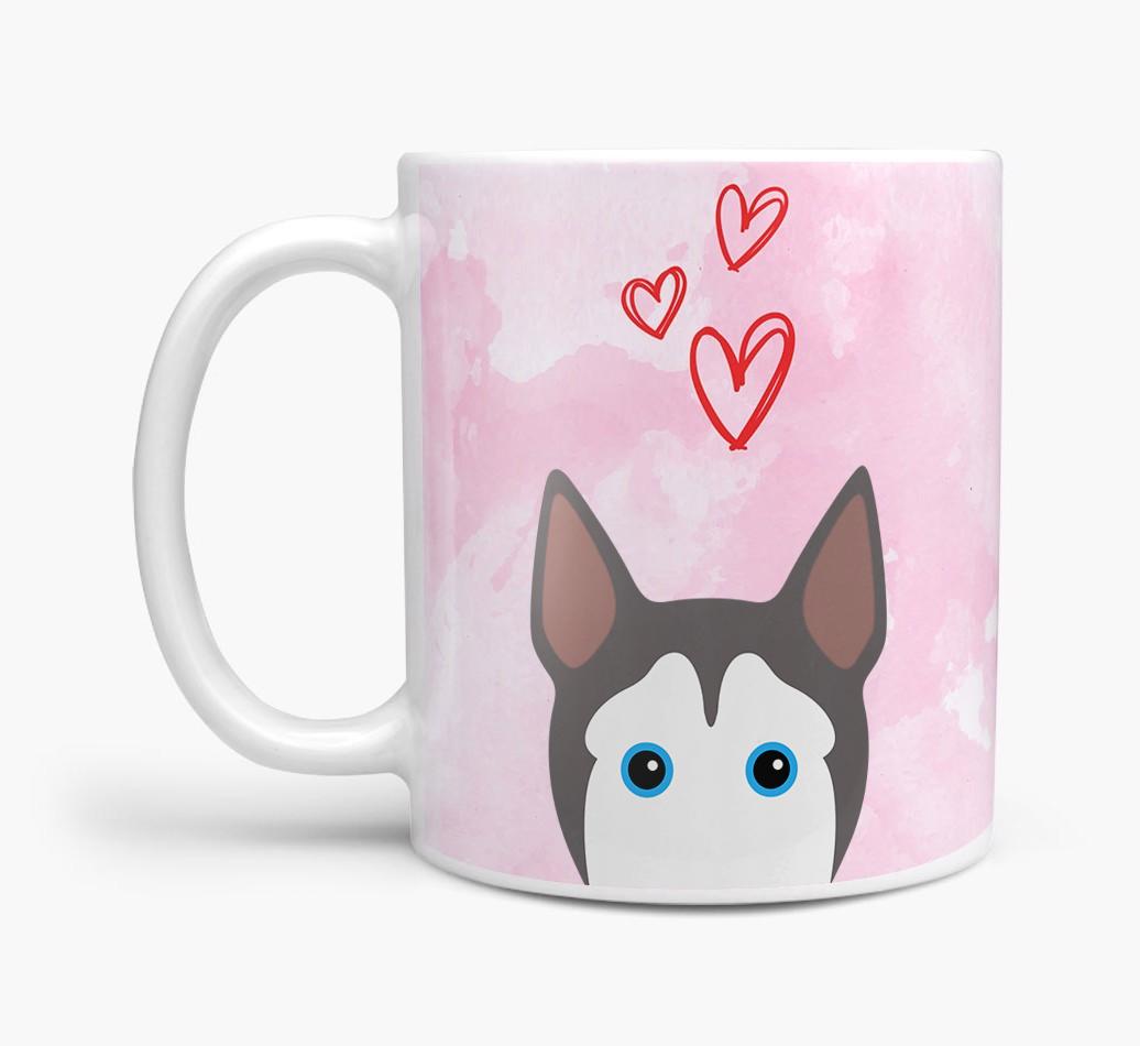 Peeking {breedFullName} Icon and Hearts Mug