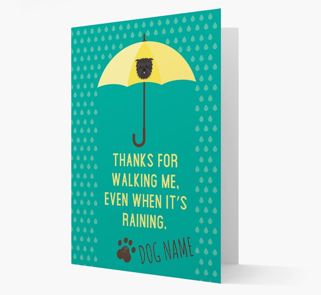 'Thanks for walking me, even when it’s raining.' Personalised Card from {dogsName}