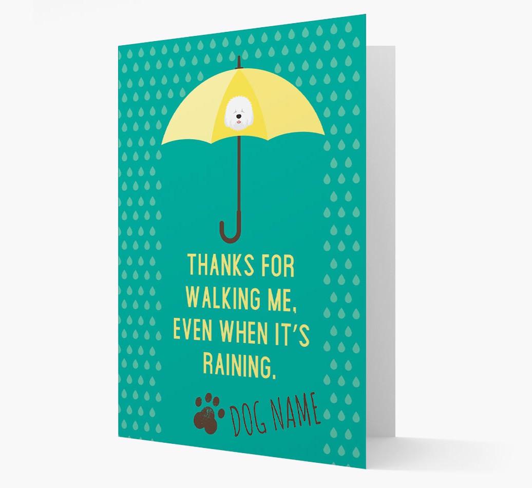'Thanks for walking me, even when it’s raining.' Personalized Card from {dogsName}