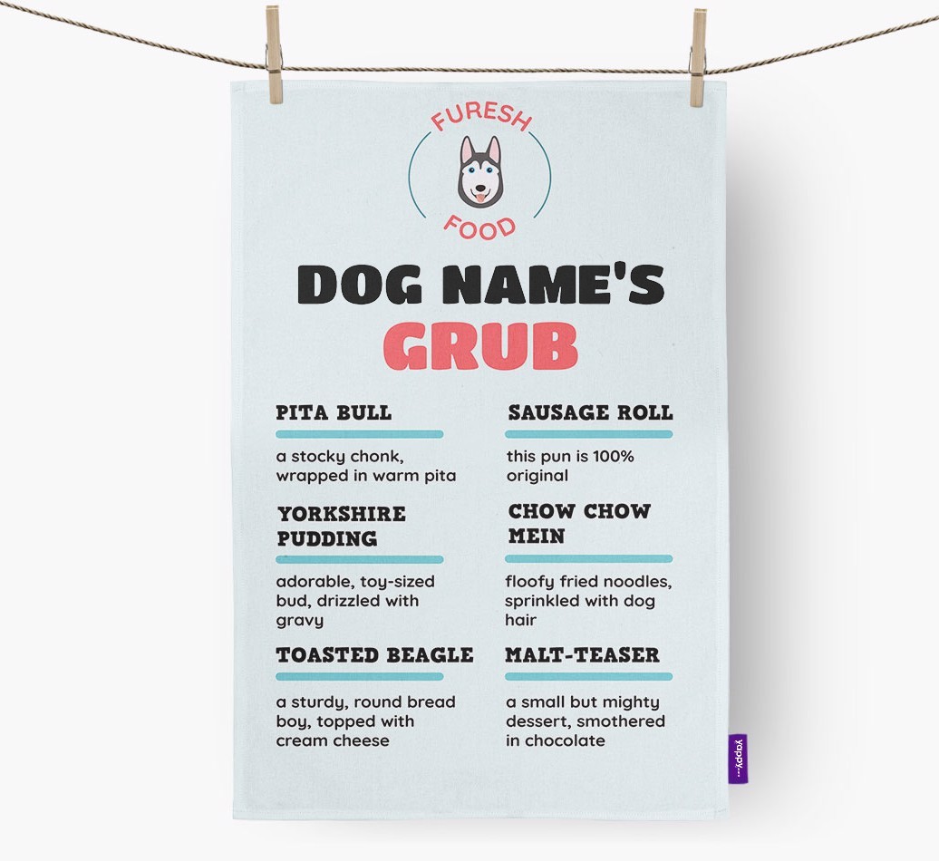 'Menu Spoof' - Personalised {breedFullName} Tea Towel