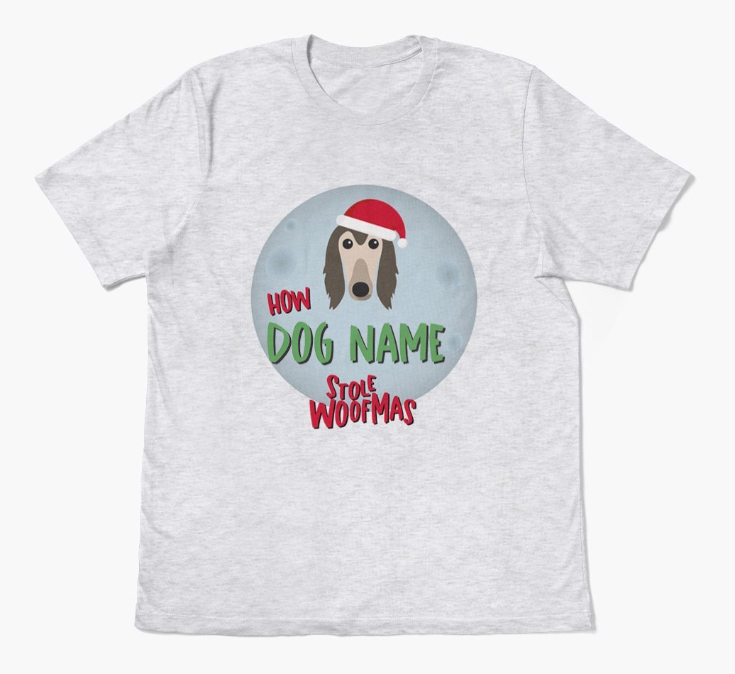 'How {dogsName} Stole Woofmas' - Personalized {breedFullName} Adult T-Shirt