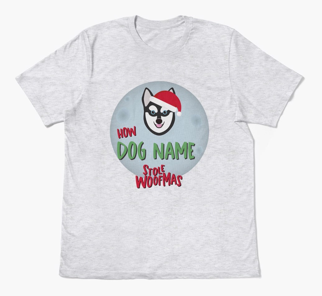 'How {dogsName} Stole Woofmas' - Personalized {breedFullName} Adult T-Shirt