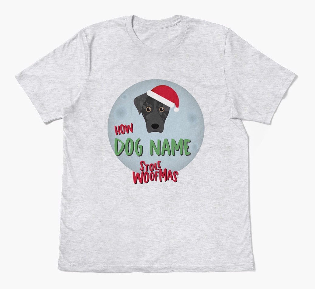'How {dogsName} Stole Woofmas' - Personalized {breedFullName} Adult T-Shirt