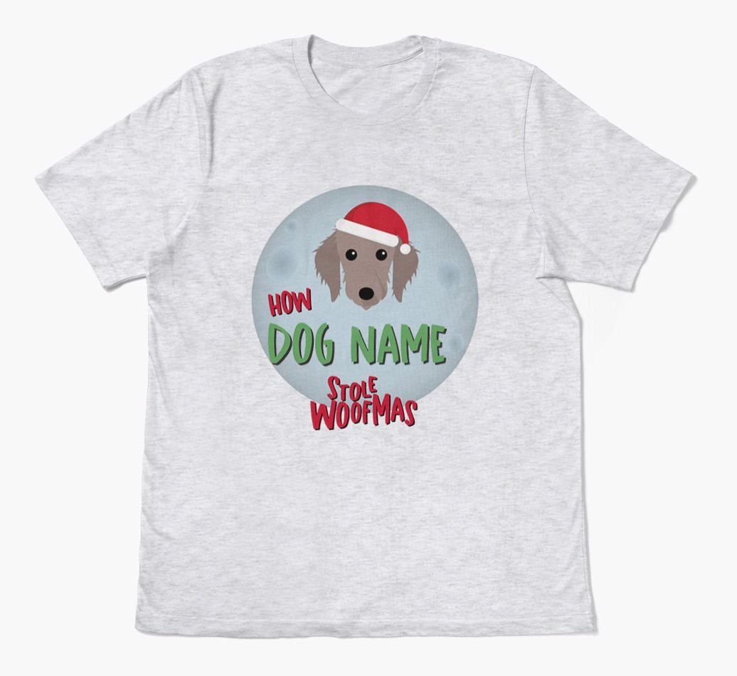 'How {dogsName} Stole Woofmas' - Personalized {breedFullName} Adult T-Shirt