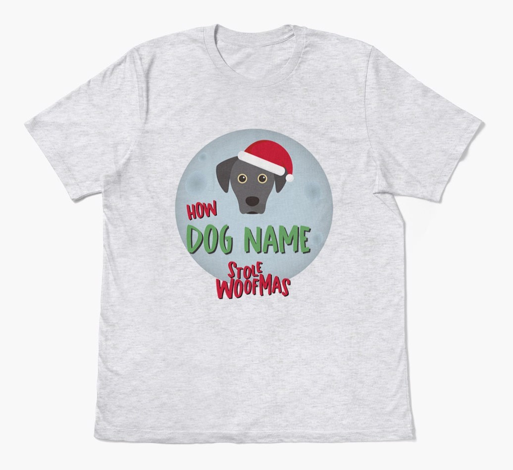 'How {dogsName} Stole Woofmas' - Personalized {breedFullName} Adult T-Shirt