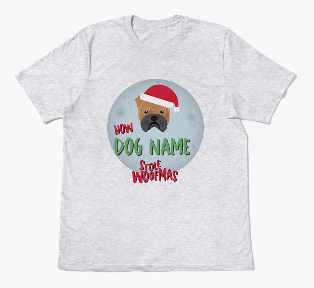 'How {dogsName} Stole Woofmas' - Personalized {breedFullName} Adult T-Shirt