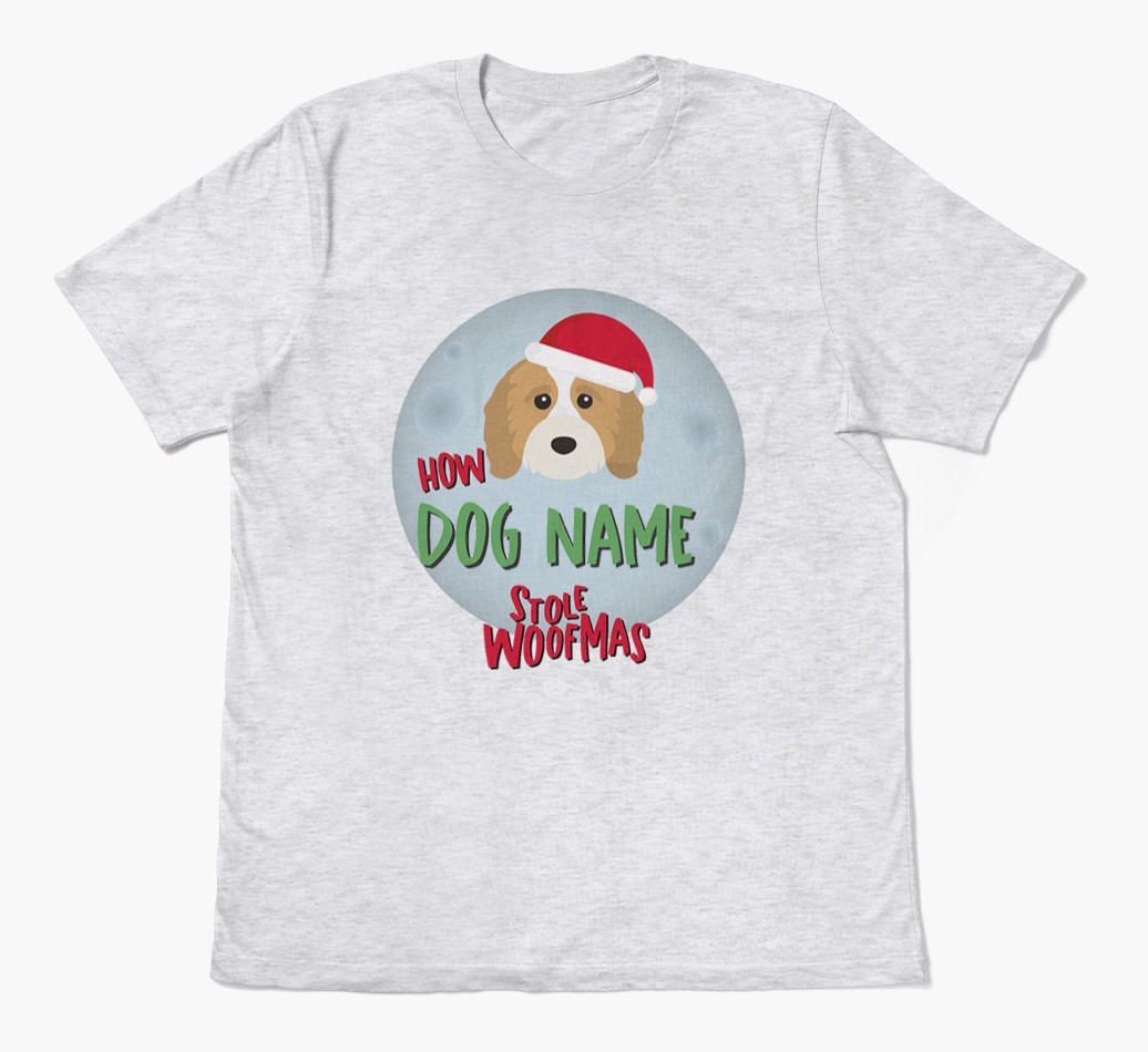 'How {dogsName} Stole Woofmas' - Personalized {breedFullName} Adult T-Shirt