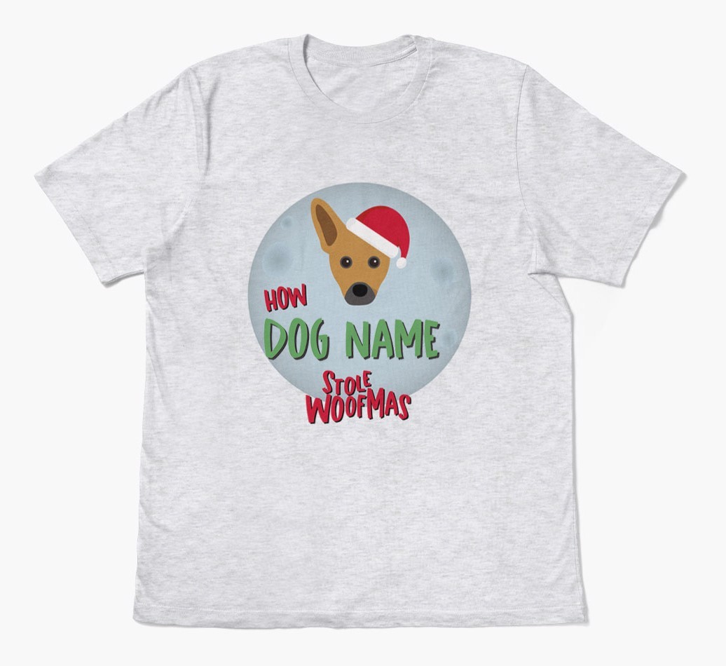 'How {dogsName} Stole Woofmas' - Personalized {breedFullName} Adult T-Shirt