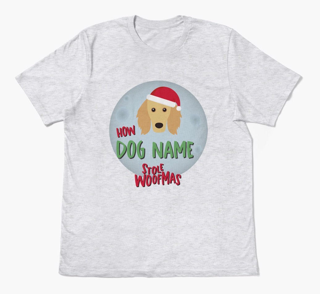 'How {dogsName} Stole Woofmas' - Personalized {breedFullName} Adult T-Shirt
