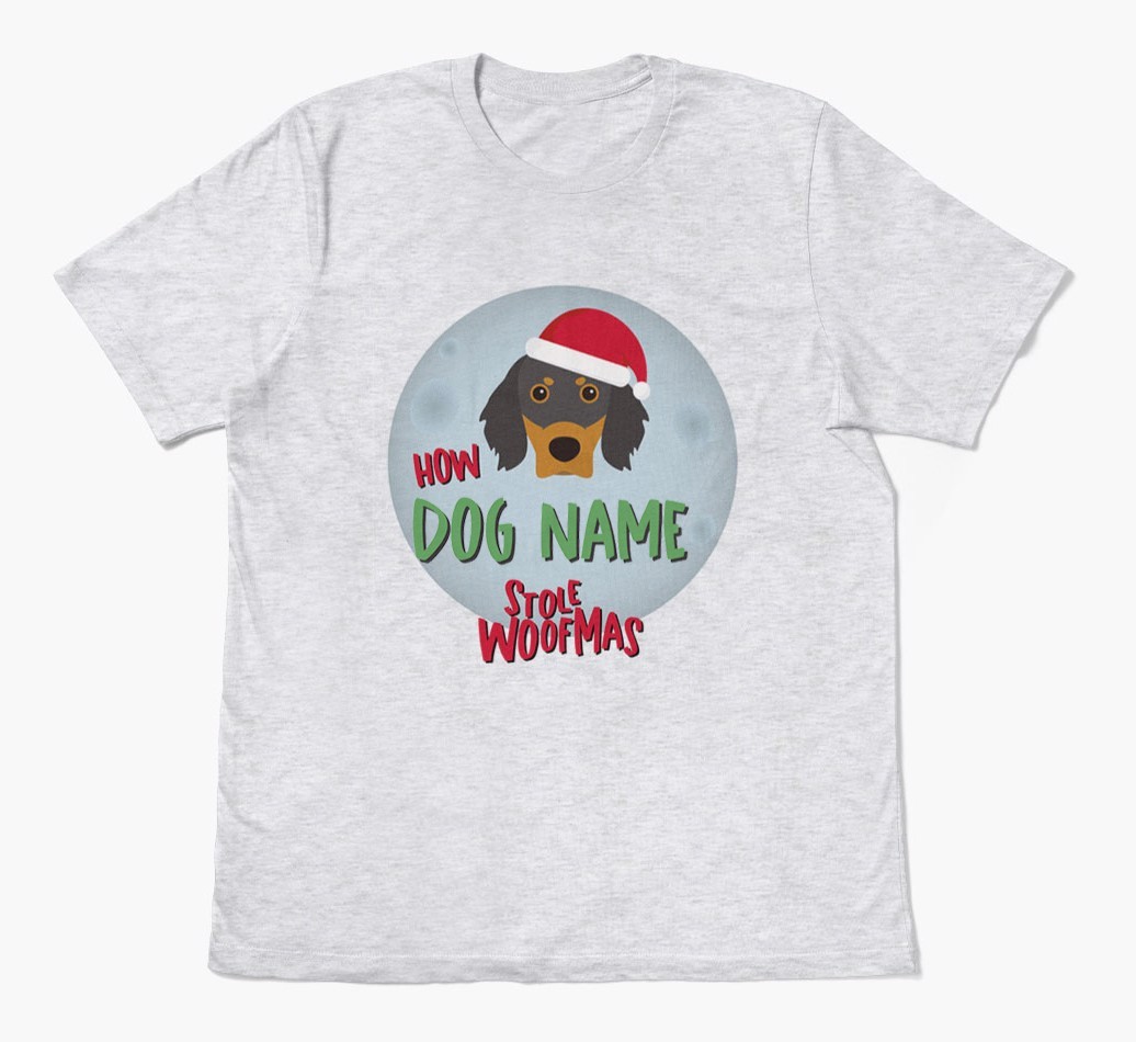 'How {dogsName} Stole Woofmas' - Personalized {breedFullName} Adult T-Shirt