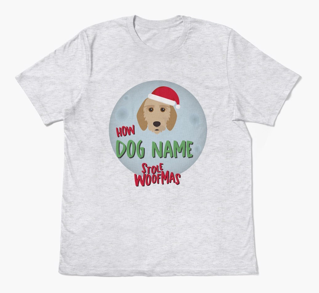 'How {dogsName} Stole Woofmas' - Personalized {breedFullName} Adult T-Shirt