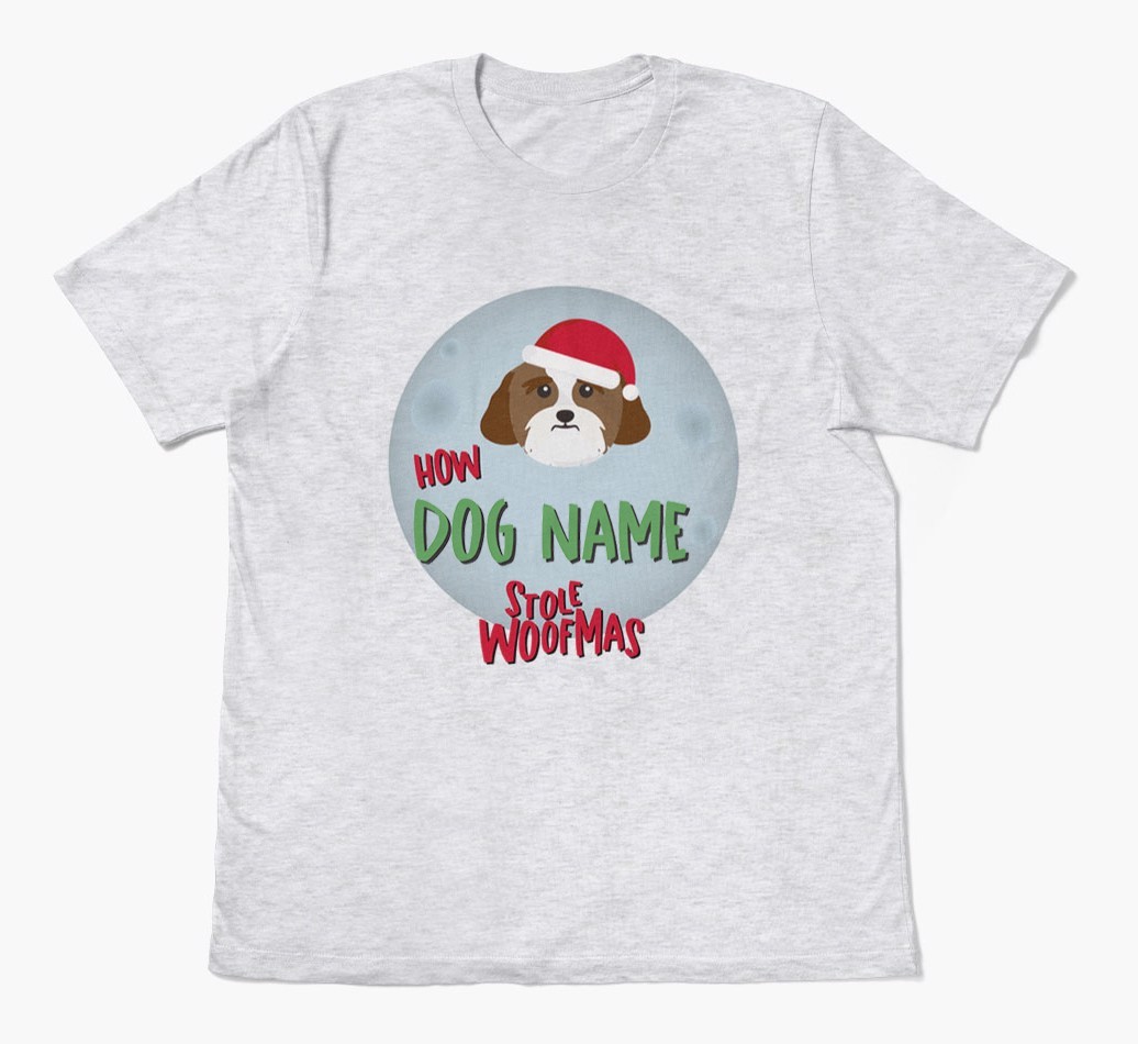 'How {dogsName} Stole Woofmas' - Personalized {breedFullName} Adult T-Shirt