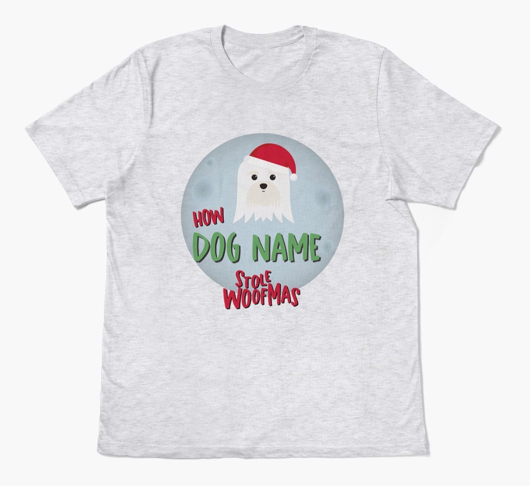 'How {dogsName} Stole Woofmas' - Personalized {breedFullName} Adult T-Shirt