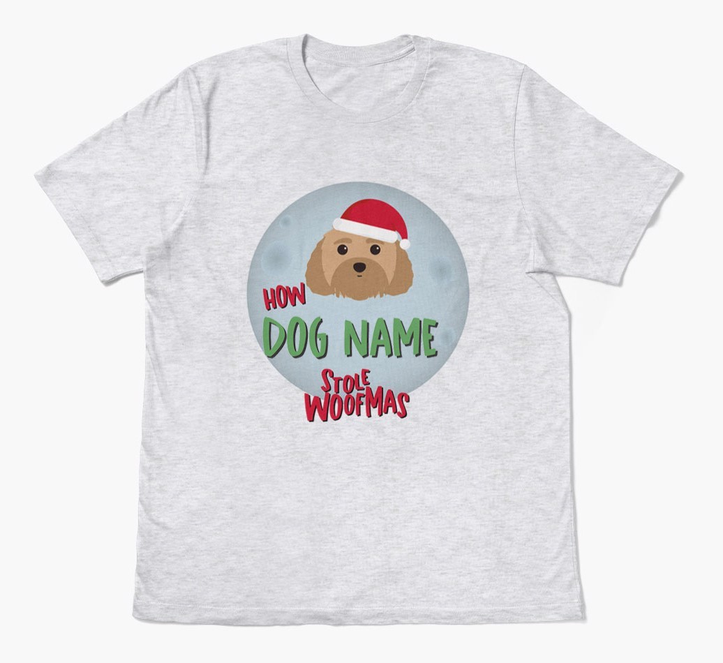 'How {dogsName} Stole Woofmas' - Personalized {breedFullName} Adult T-Shirt