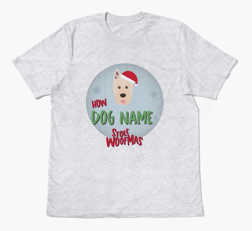 'How {dogsName} Stole Woofmas' - Personalized {breedFullName} Adult T-Shirt