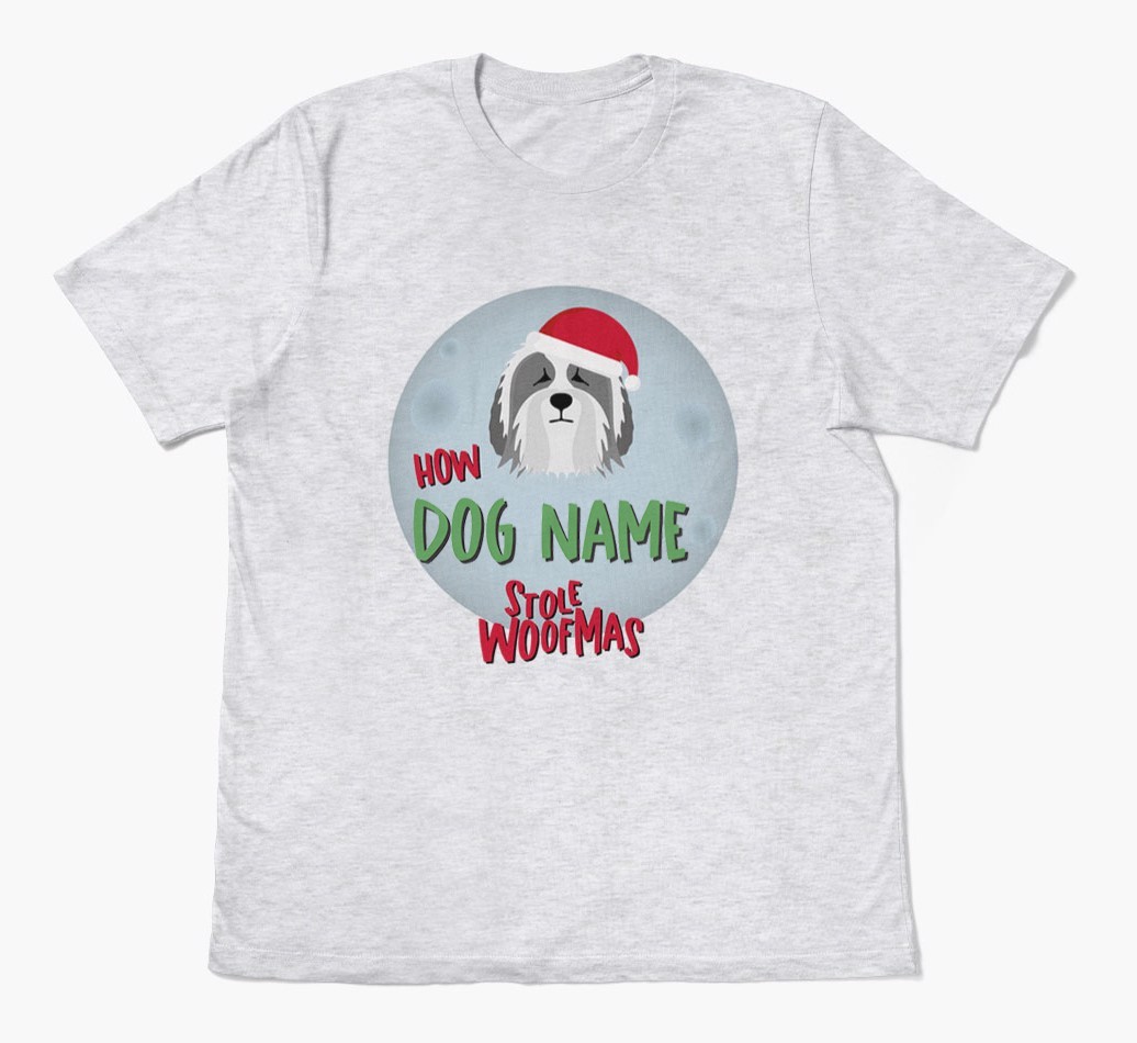 'How {dogsName} Stole Woofmas' - Personalized {breedFullName} Adult T-Shirt