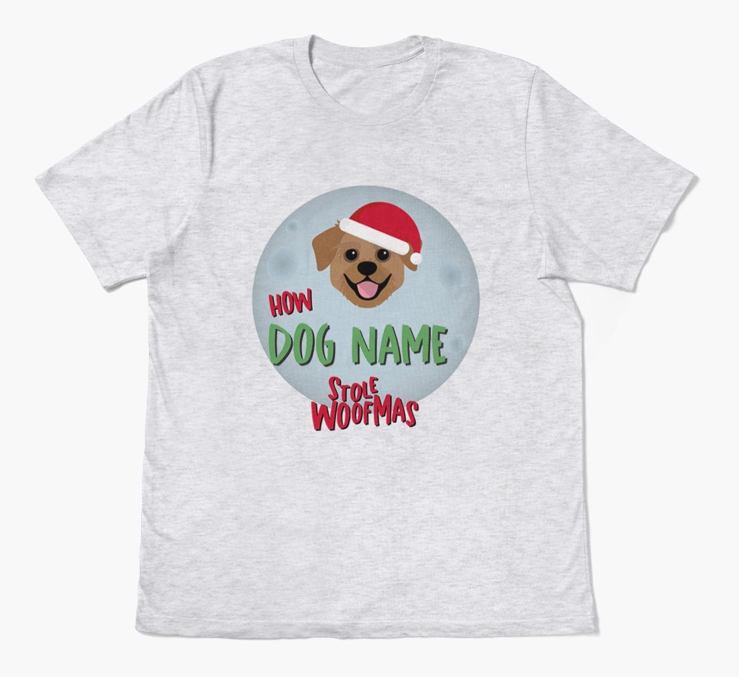 'How {dogsName} Stole Woofmas' - Personalized {breedFullName} Adult T-Shirt
