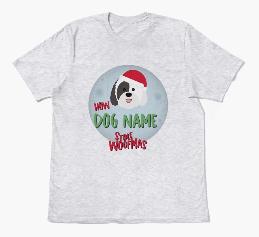 'How {dogsName} Stole Woofmas' - Personalized {breedFullName} Adult T-Shirt