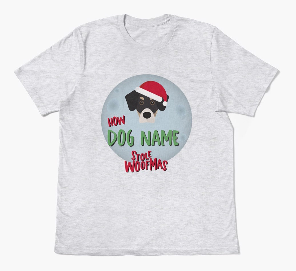 'How {dogsName} Stole Woofmas' - Personalized {breedFullName} Adult T-Shirt