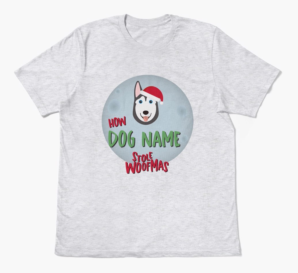 'How {dogsName} Stole Woofmas' - Personalized {breedFullName} Adult T-Shirt