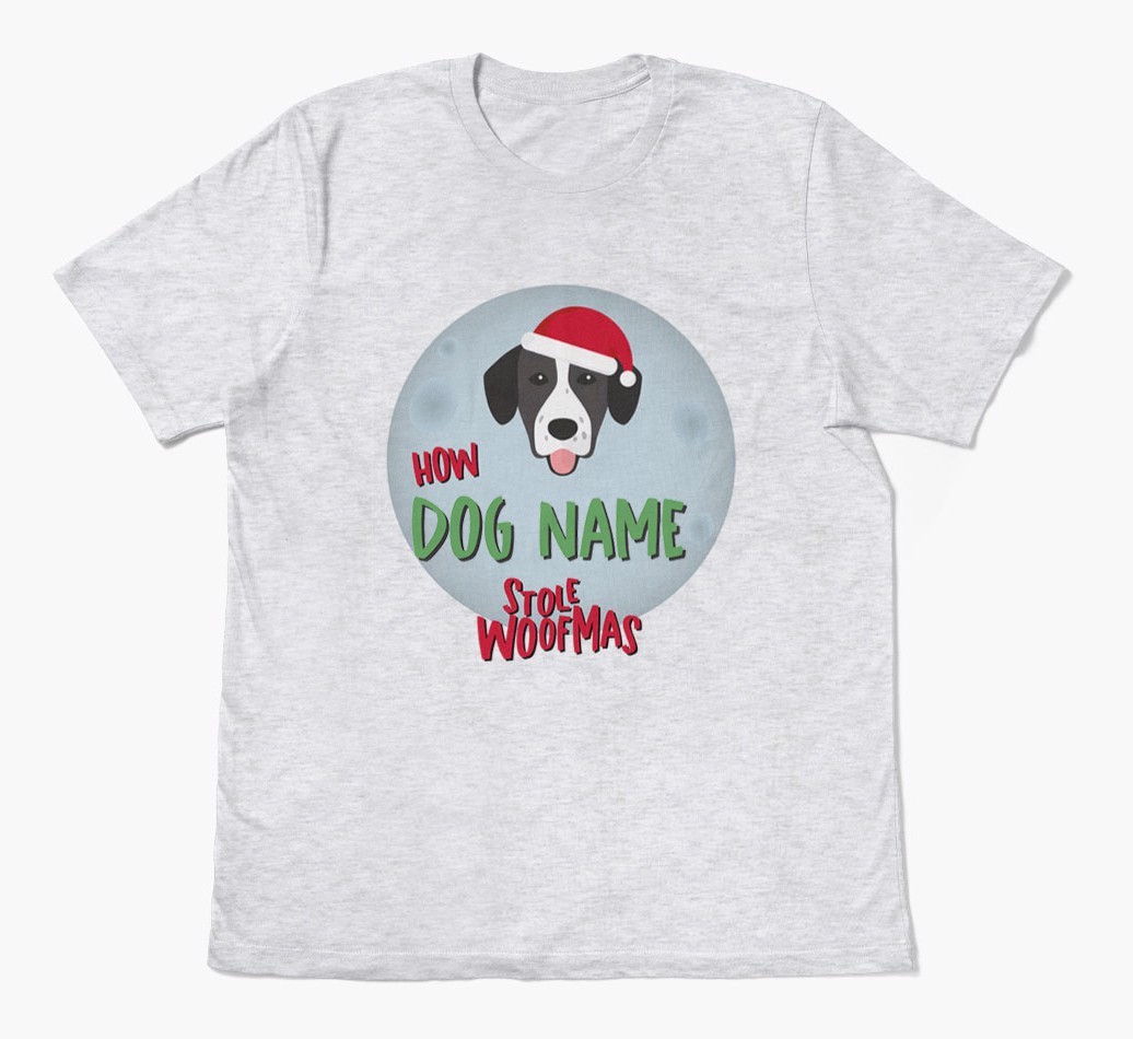 'How {dogsName} Stole Woofmas' - Personalized {breedFullName} Adult T-Shirt