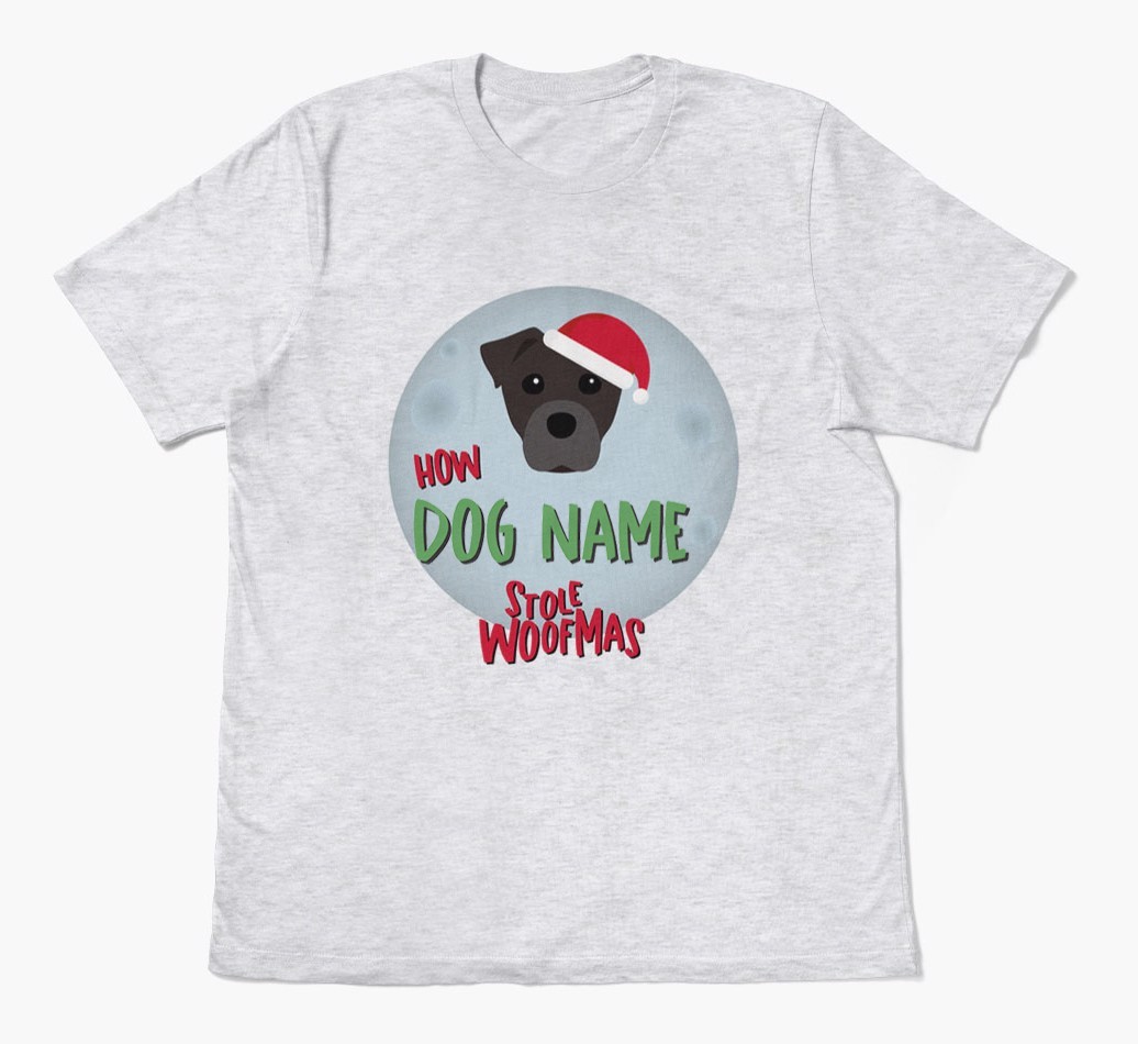 'How {dogsName} Stole Woofmas' - Personalized {breedFullName} Adult T-Shirt