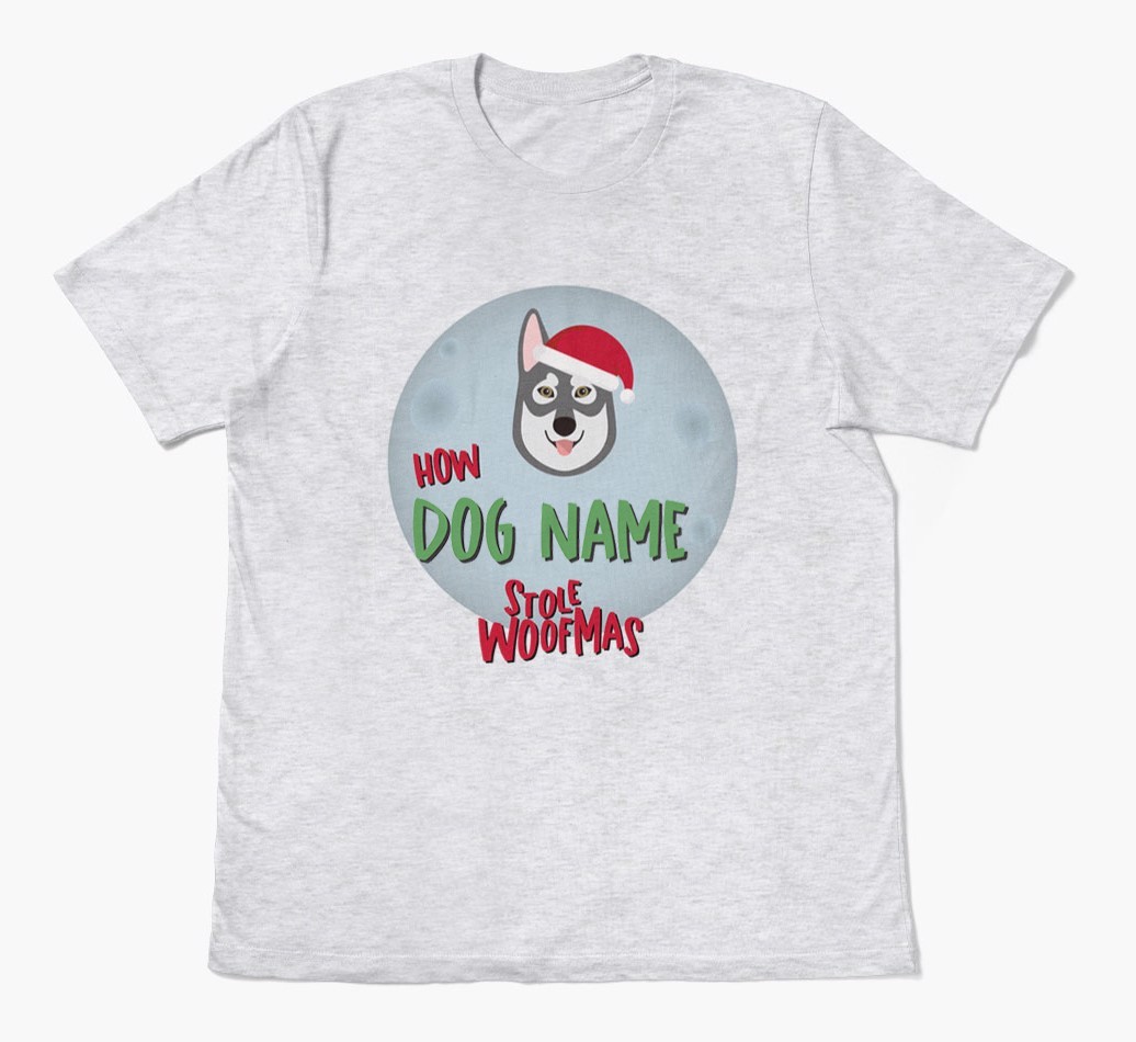 'How {dogsName} Stole Woofmas' - Personalized {breedFullName} Adult T-Shirt