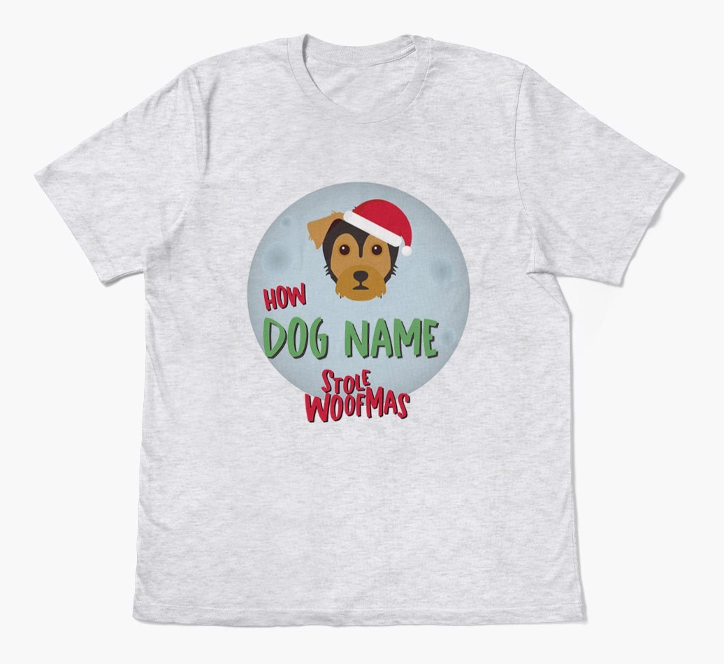 'How {dogsName} Stole Woofmas' - Personalized {breedFullName} Adult T-Shirt