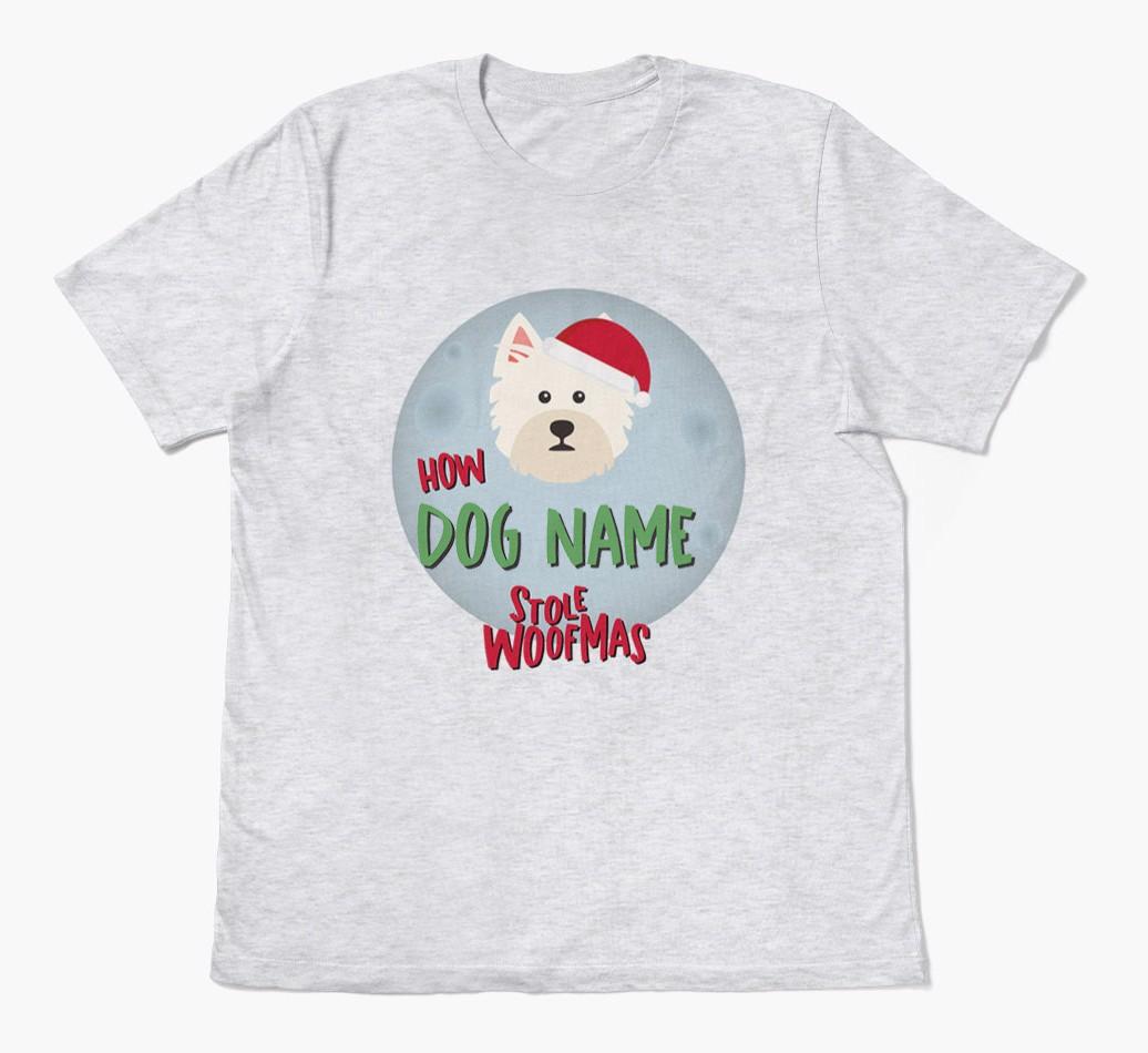 'How {dogsName} Stole Woofmas' - Personalized {breedFullName} Adult T-Shirt