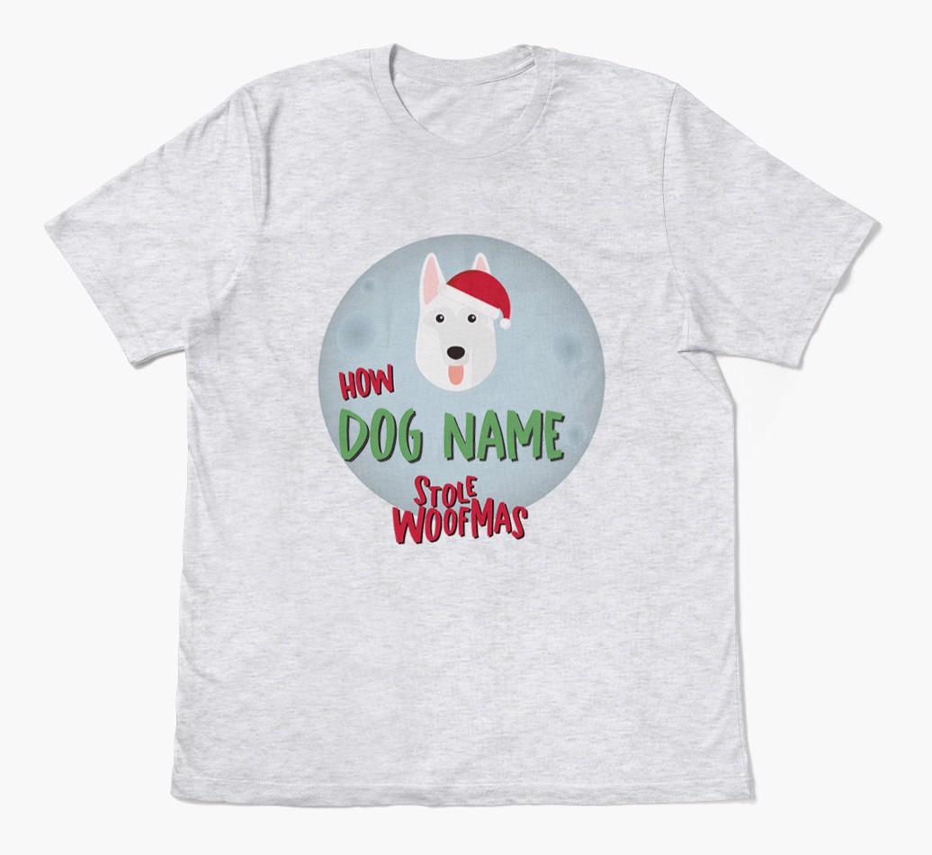 'How {dogsName} Stole Woofmas' - Personalized {breedFullName} Adult T-Shirt