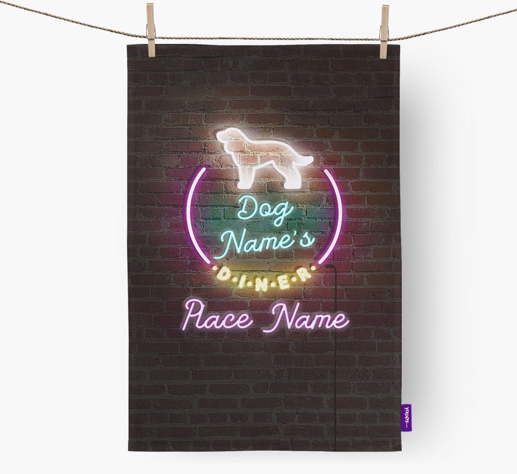 'Neon Lights Diner' - Personalised {breedFullName} Tea Towel 