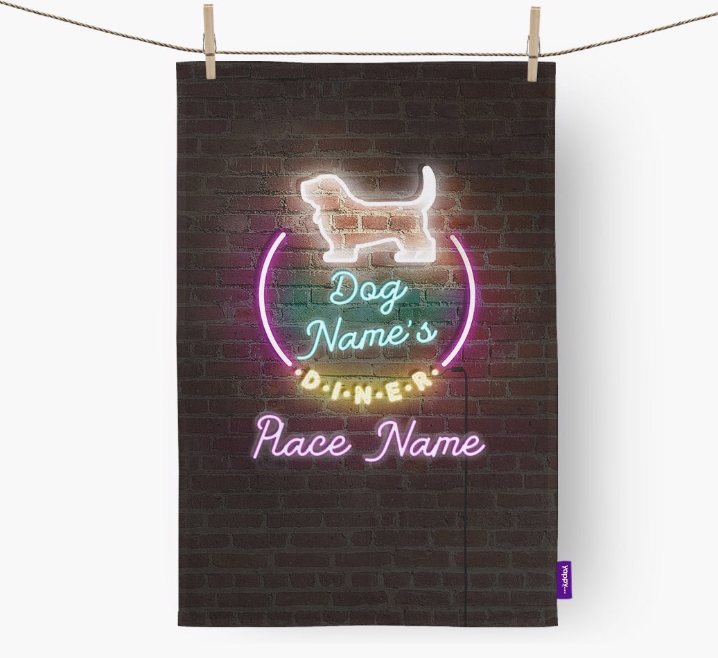 'Neon Lights Diner' - Personalised {breedFullName} Tea Towel 