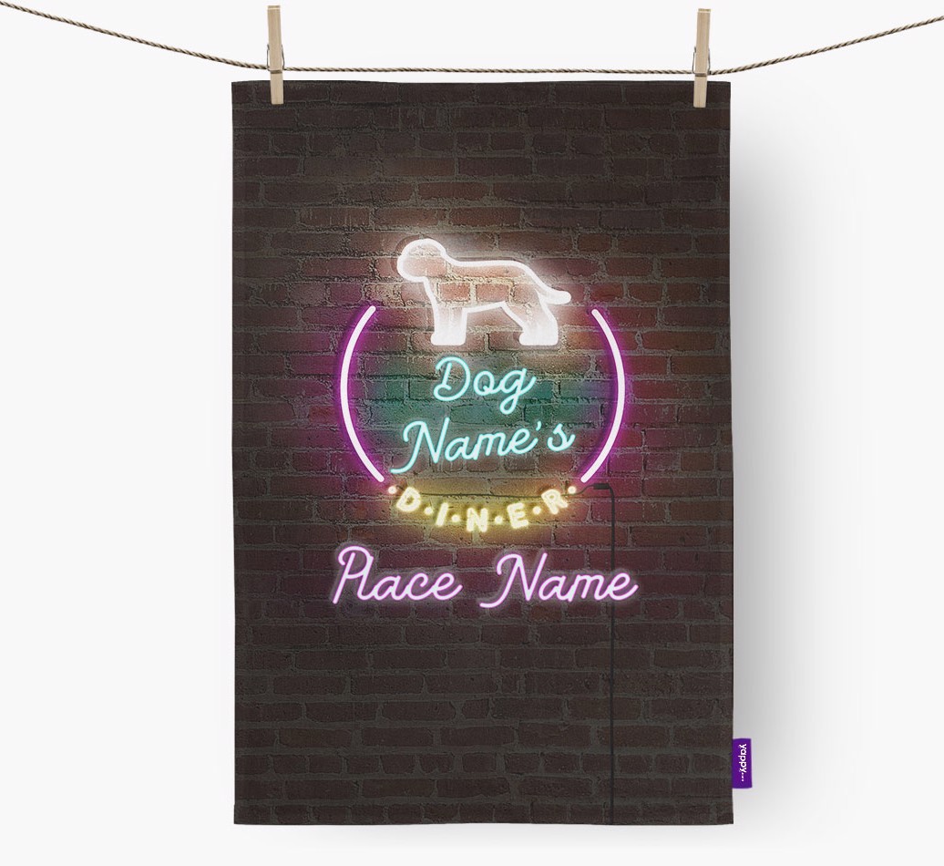'Neon Lights Diner' - Personalised {breedFullName} Tea Towel 