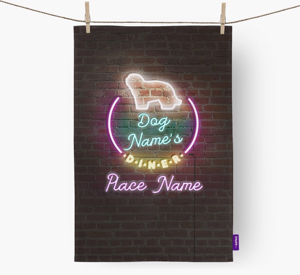 'Neon Lights Diner' - Personalised {breedFullName} Tea Towel 